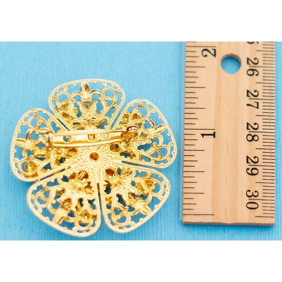 Elegant Gold and Pink Floral Brooch - N1 - Picture 2 of 2